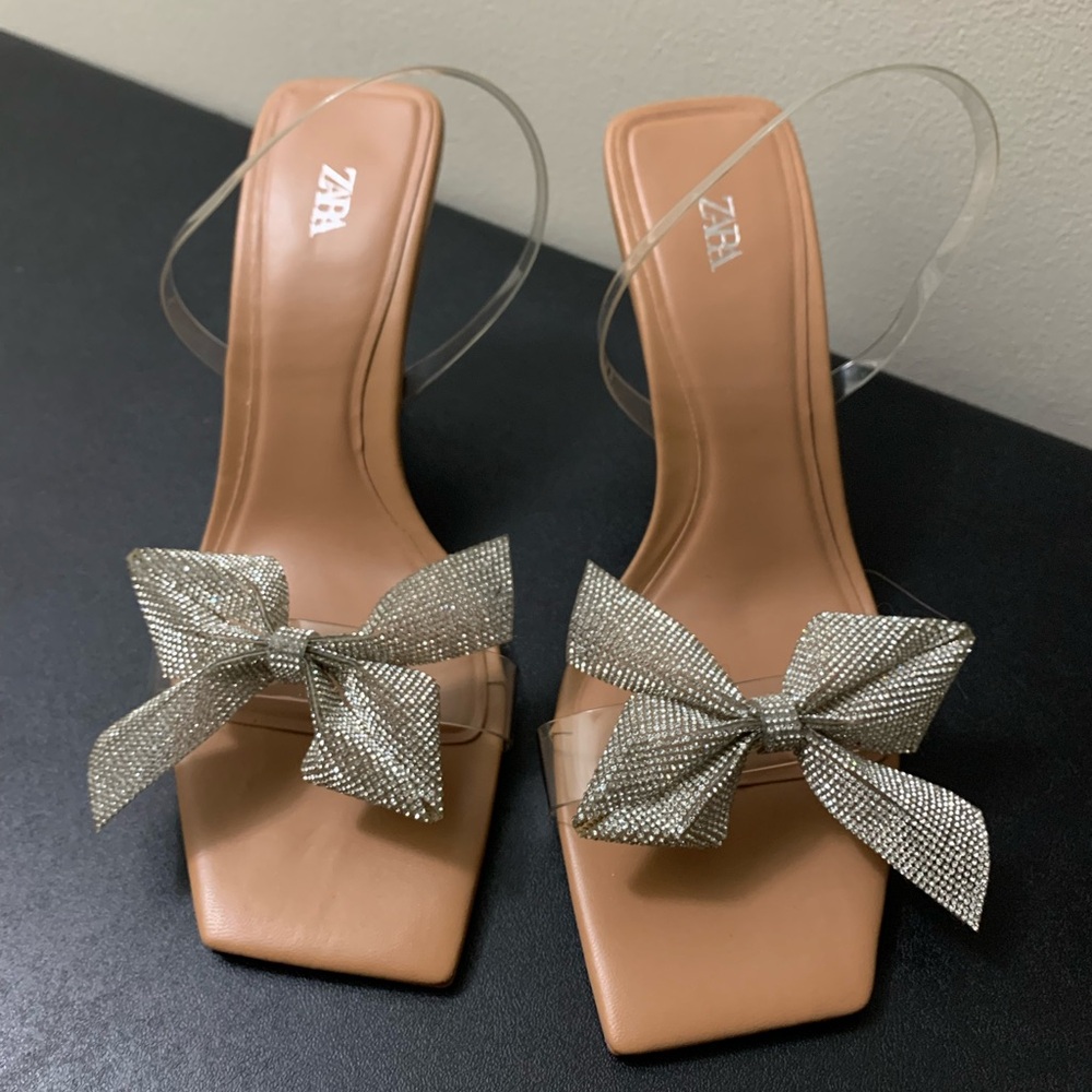 Zara Tan Heels with Silver Bow